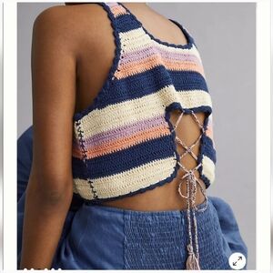 Maeve by Anthropologie Crochet Knit Striped Lace Up Crop Tank Top Sweater OS